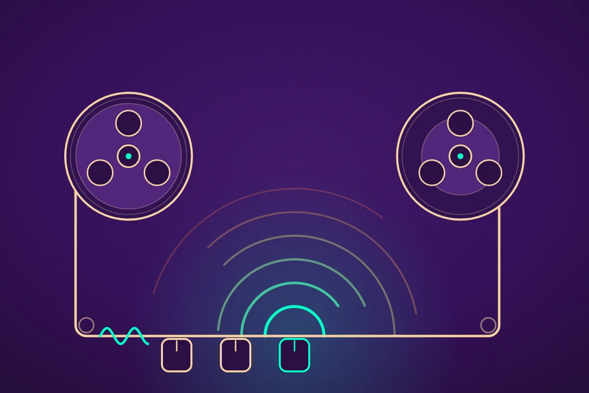 Nomad Delay: two tape reels, echoes rippling outward, three control knobs.